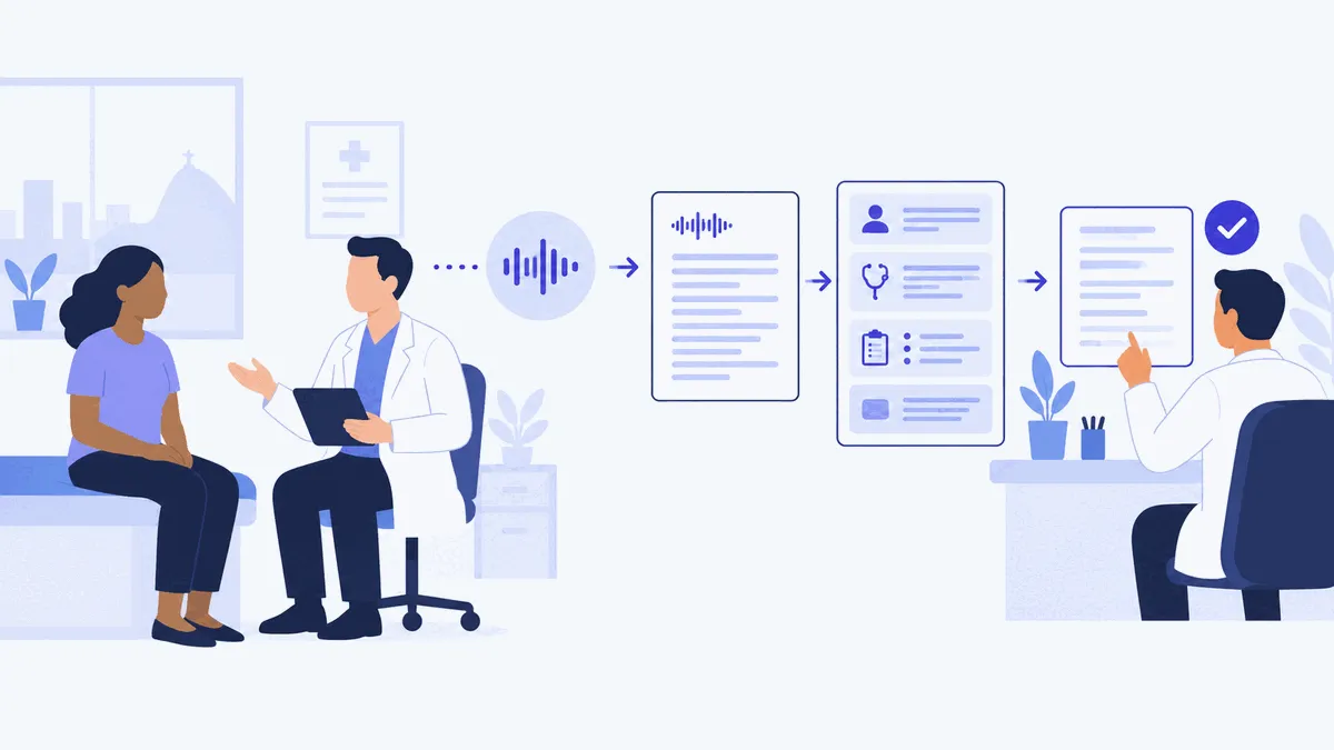 Fluxo ilustrado em que a conversa entre médico e paciente passa por transcrição, organização clínica e revisão humana antes do prontuário.