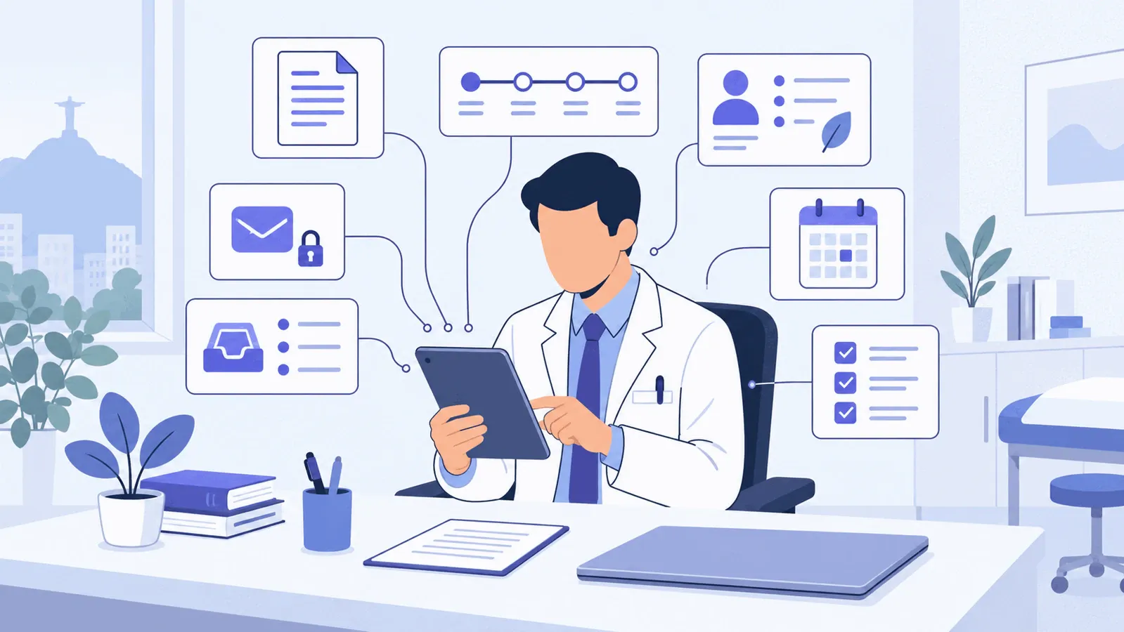 Médico revisa em um tablet sete fluxos apoiados por IA: prontuário, histórico, orientação, mensagens, triagem, agenda e auditoria.