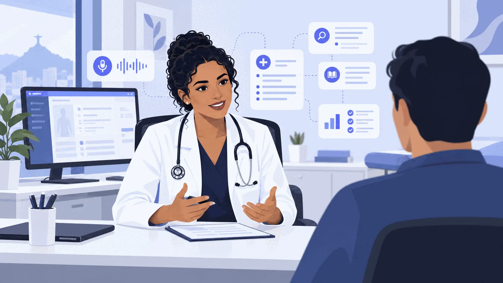 Médica conduz uma consulta enquanto recursos discretos de IA organizam a transcrição, o prontuário e a busca de evidências.