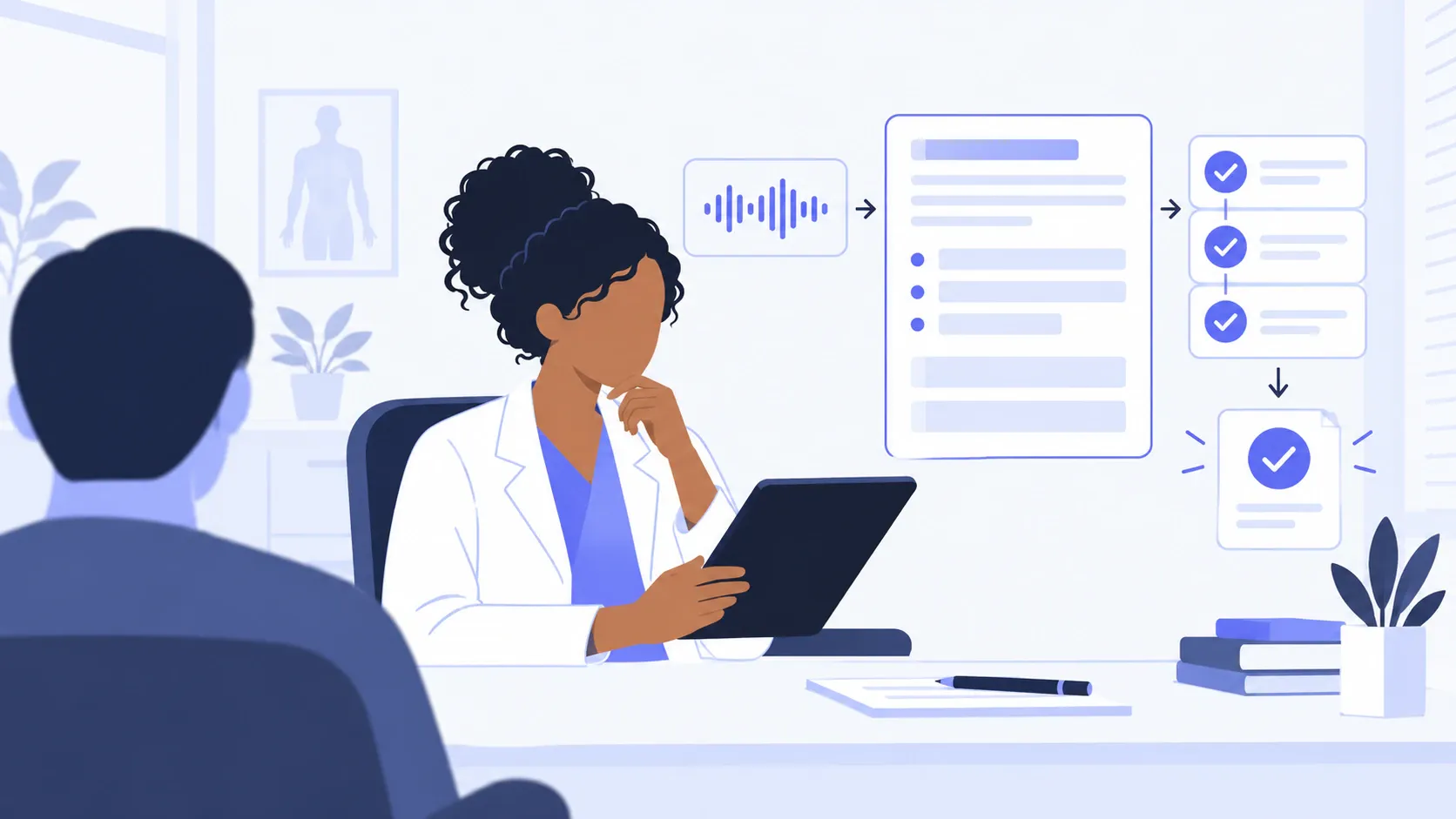Médica revisa em um tablet o rascunho de prontuário criado a partir da transcrição da consulta, com etapas visuais de conferência.