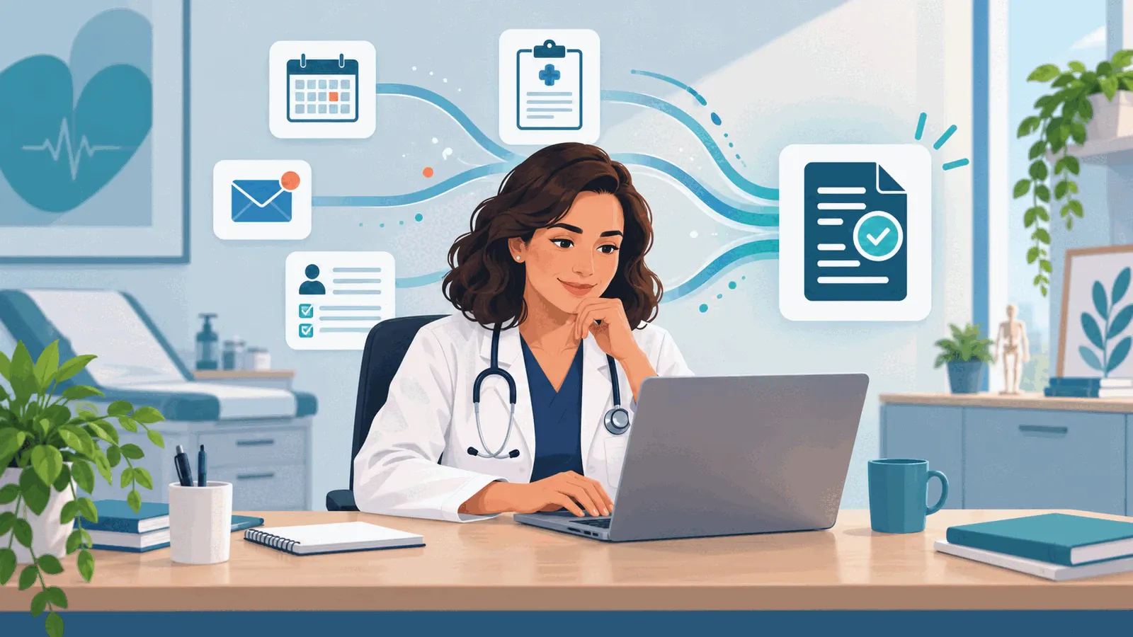 Médico revisa um fluxo organizado por IA com agenda, mensagens, formulário pré-consulta e rascunho de prontuário.