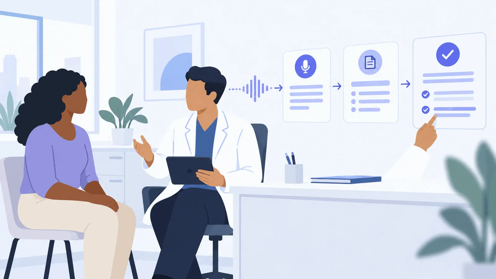 Médico conversa com uma paciente enquanto um fluxo visual transforma o áudio em transcrição, rascunho de prontuário e revisão médica.